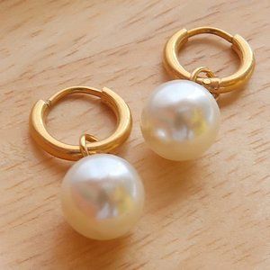 NEW 18K Gold Plated Round Pearl Drop Huggie Round Hoop Earrings